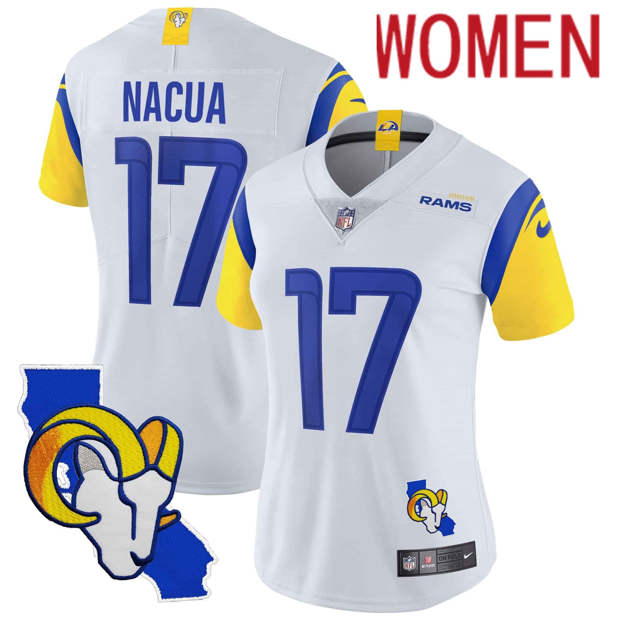 Women Los Angeles Rams #17 Nacua White 2024 Nike California Patch Vapor Limited NFL Jersey->women nfl jersey->Women Jersey